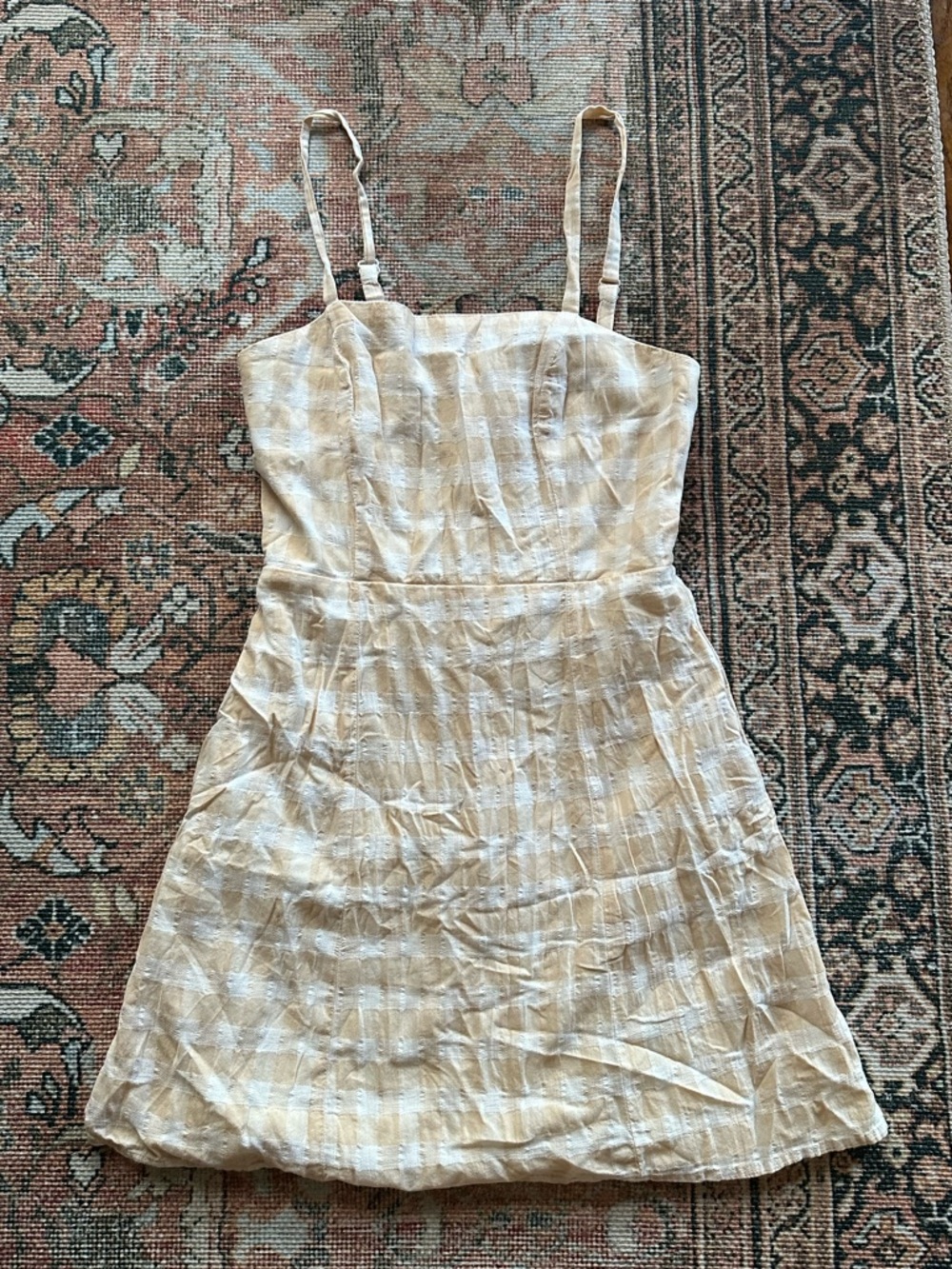 Cream Checkered “Linen” Spaghetti Strap Dress